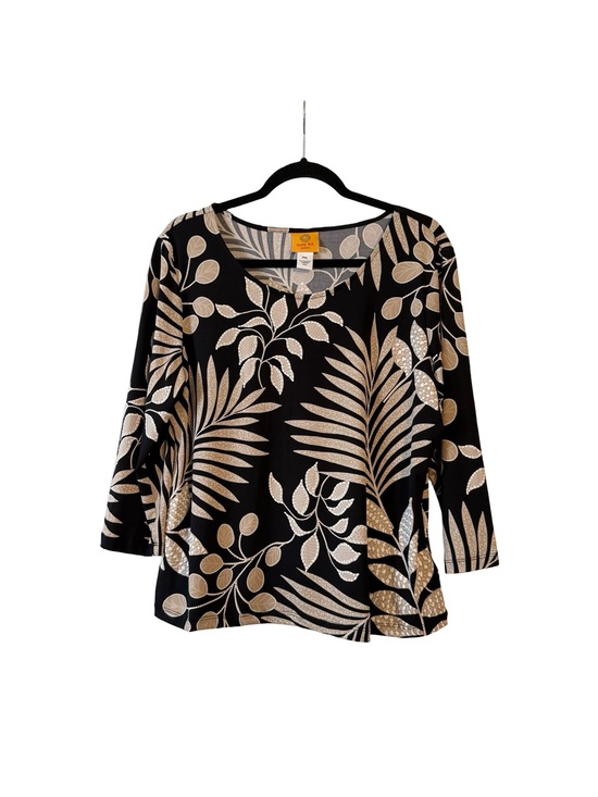 Ruby Rd. Tops - Ruby Rd. Black and Beige Tropical-Leaf Scoop Neck Long Sleeve Top